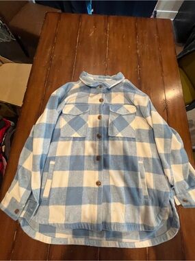 Blue and White Buffalo Plaid Button-Down Shirt Jacket